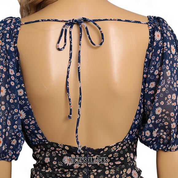 Free People x Revolve Tessa Mini Dress Cut Out Floral Print Ruched Blue Size M - Picture 7 of 11